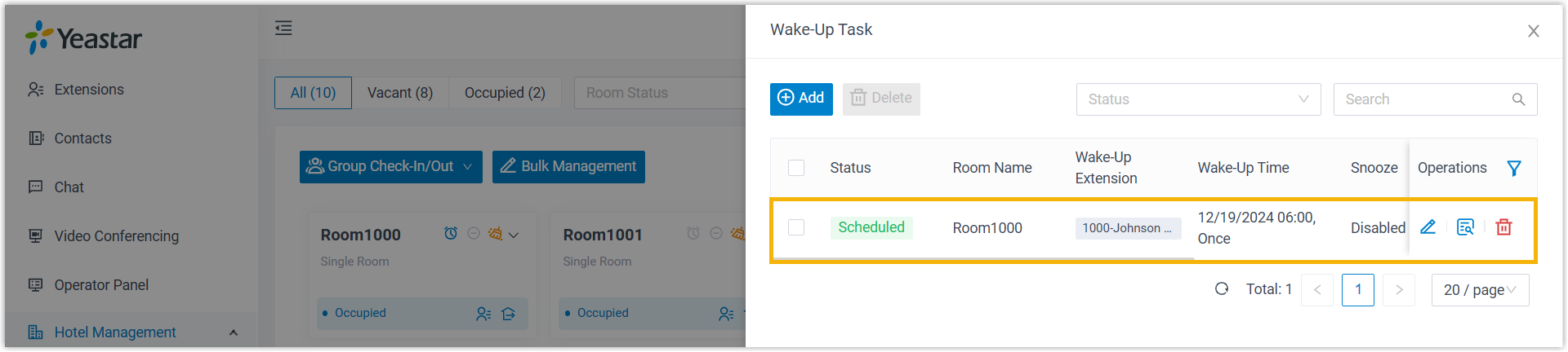 Room Panel showing a scheduled wake-up task