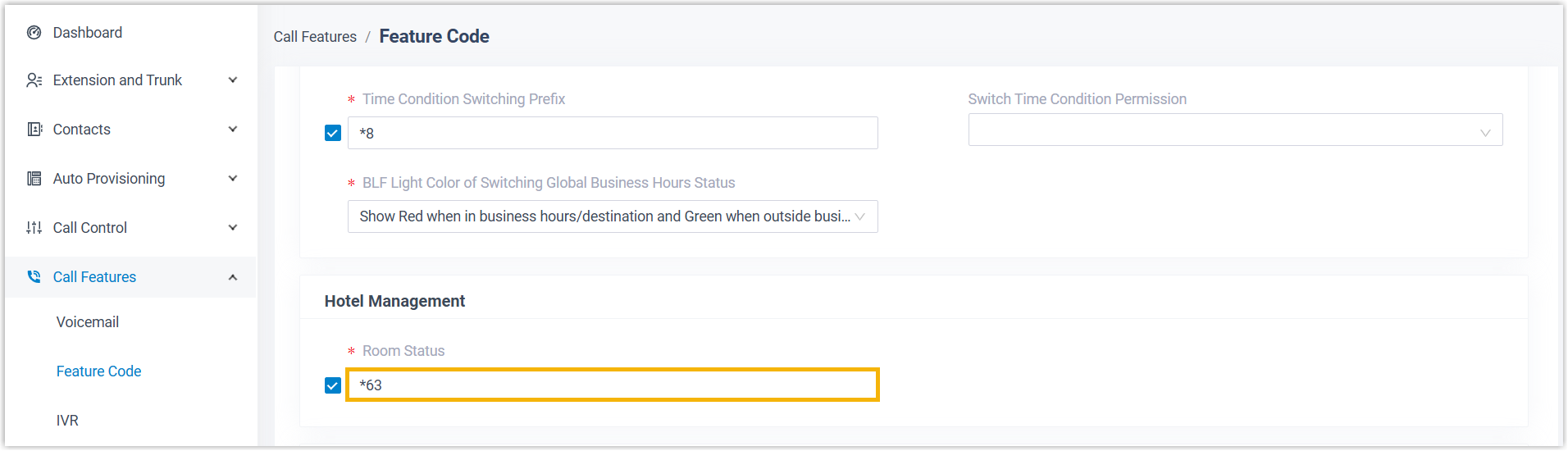 The room status feature code setting