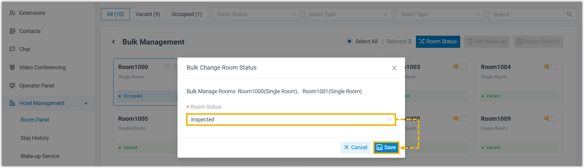 Room Status drop-down showing the available status choices