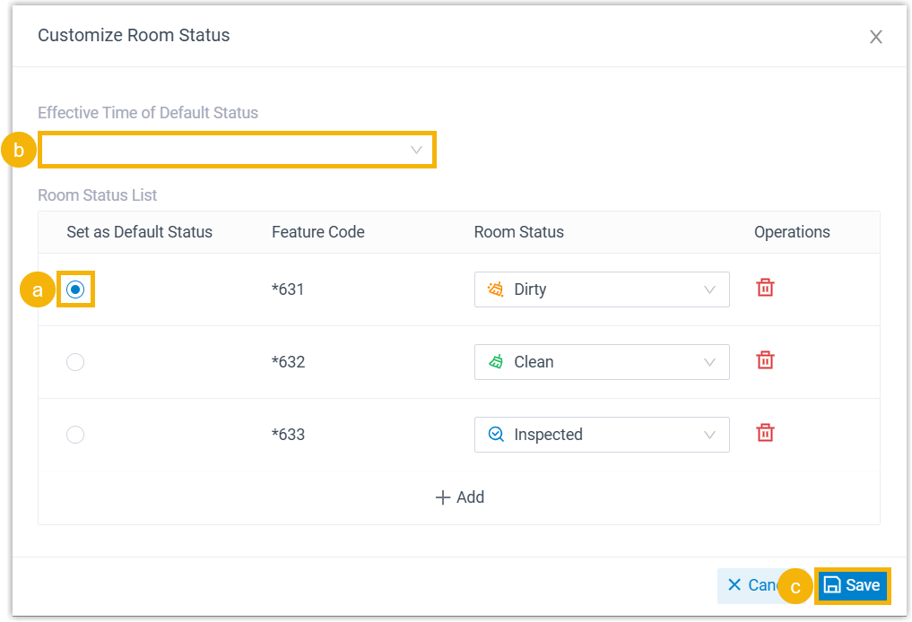 Setting the default room status and its reset behavior