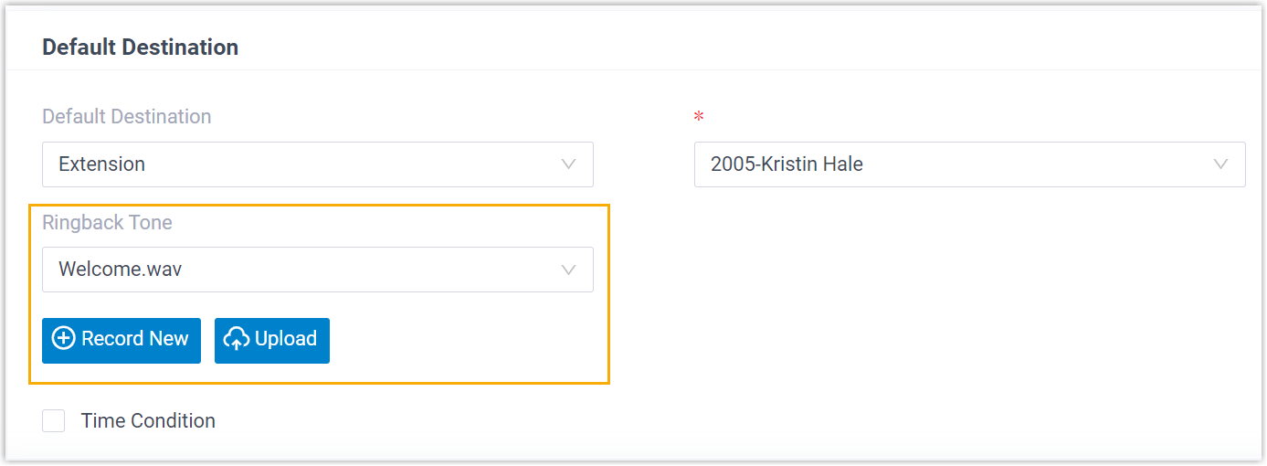 Ringback tone selector shown beneath an extension destination on an inbound route