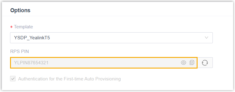 The RPS PIN field on the phone's Options tab