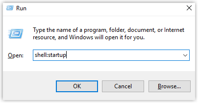 The Windows Run dialog with shell entered in the Open field