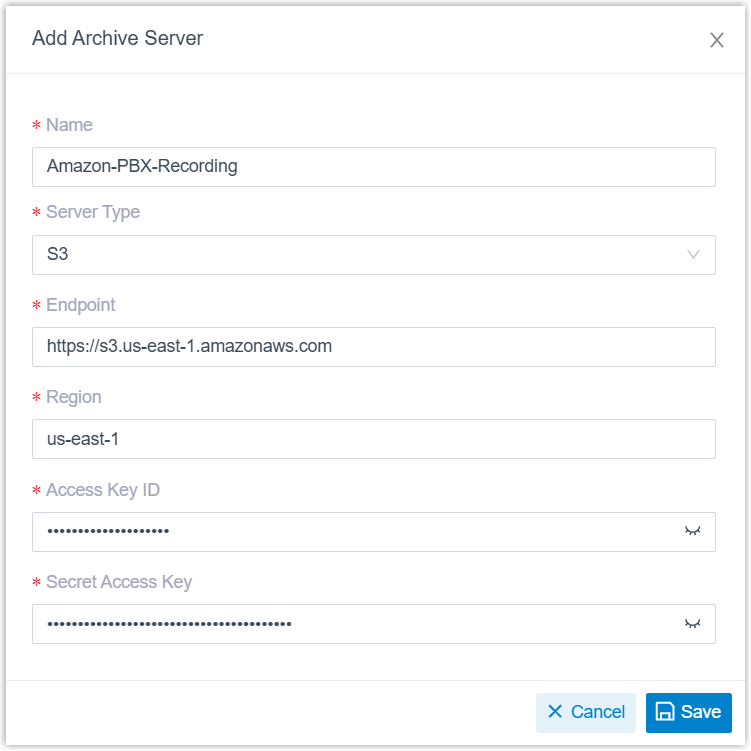 Dialog for adding an S3 bucket as an archive server