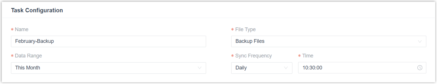 Task Configuration section with the task name, file type, date range, and schedule fields