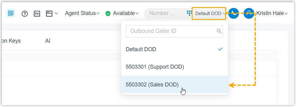 Drop-down beside the Dialpad for picking a default outbound caller ID