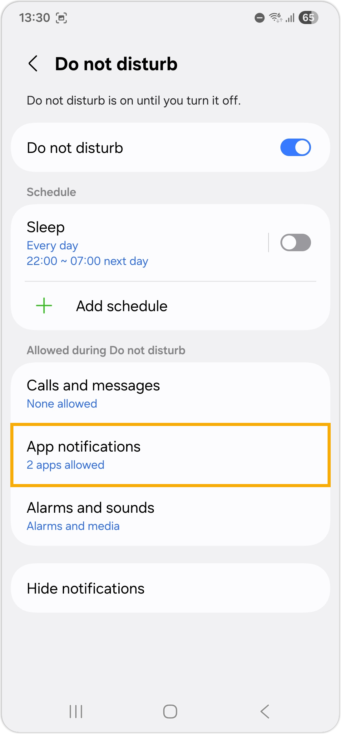 The App notifications option under Allowed during Do not disturb
