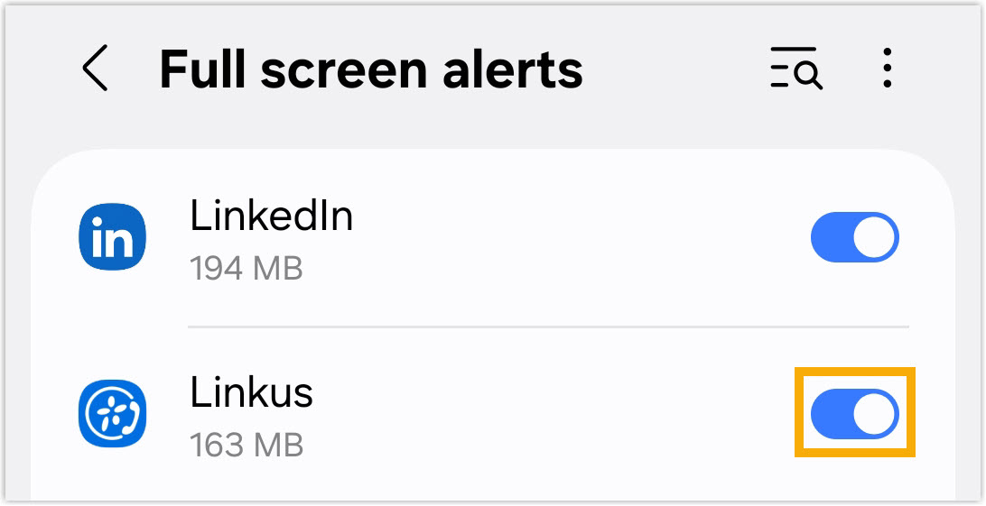 Cloud Voice, the Full screen alerts list with the app toggle enabled