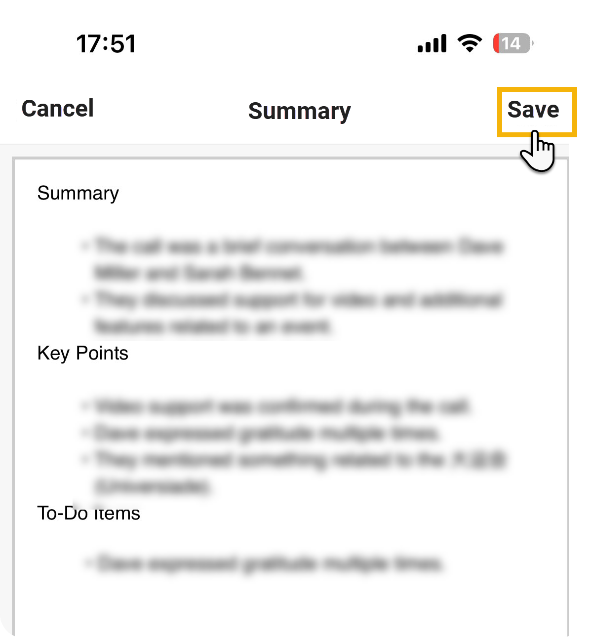 Saving edits to a call summary