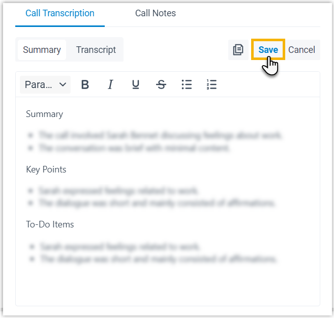 Saving an edited call summary