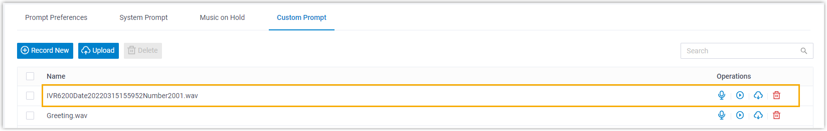 Custom prompt list showing an IVR recording saved with the automatically generated name