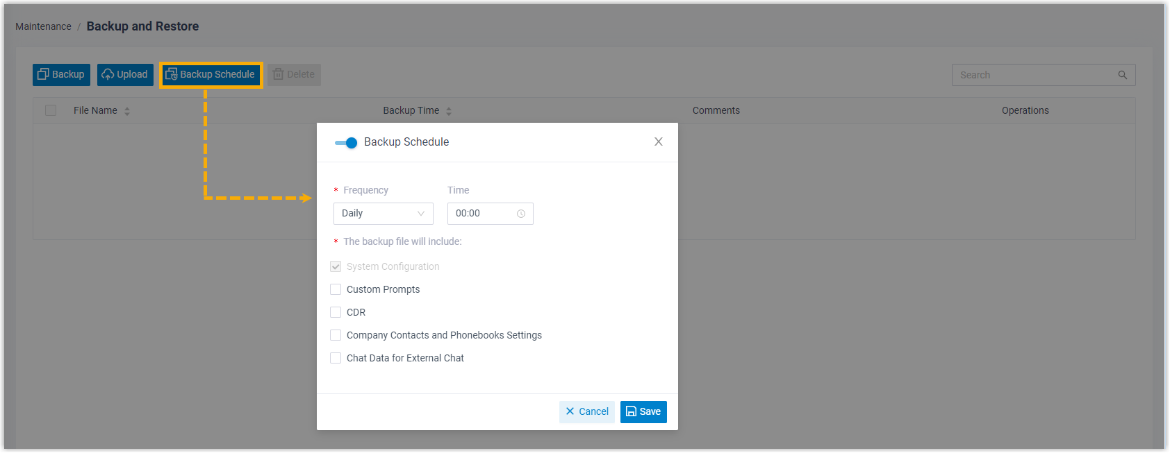 Backup Schedule dialog for setting up recurring automatic backups