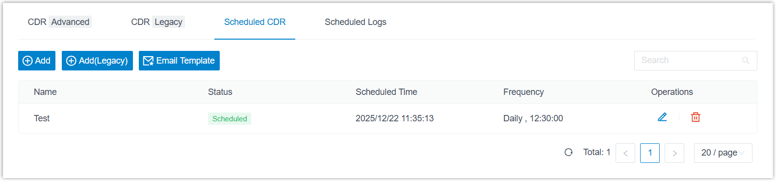 A saved task in the scheduled CDR list