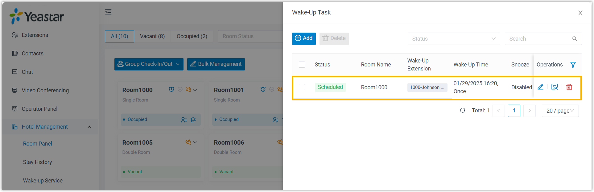 The scheduled wake-up task for the room shown in the side panel