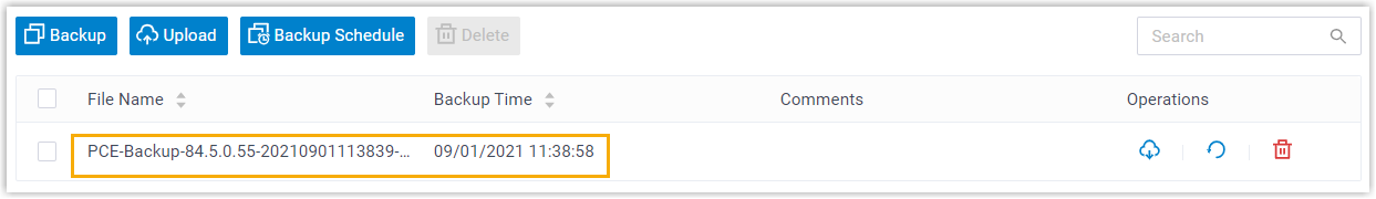 List of scheduled backup files shown in the Backup and Restore page