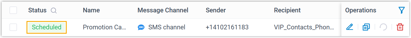 Campaign list showing a campaign with Scheduled status