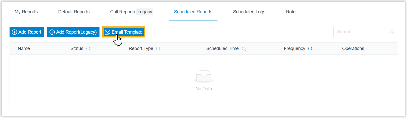 Scheduled Reports tab with the Email Template control highlighted