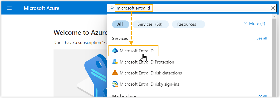The Azure portal search bar with the Microsoft Entra ID service selected