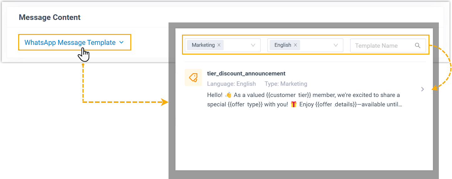 Template picker for choosing an approved WhatsApp template