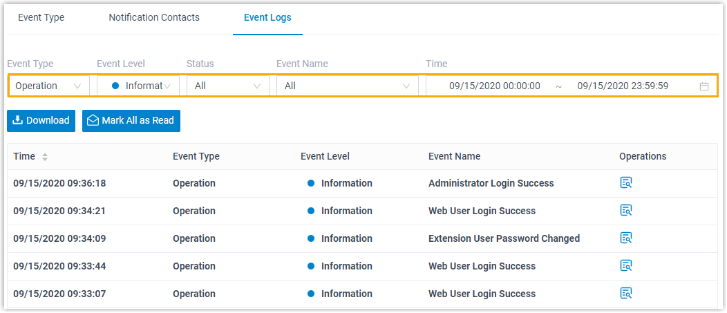 Event log search filters for type, level, status, name, and time range