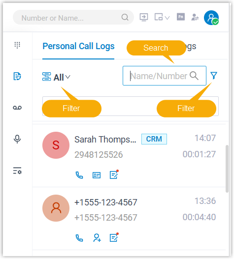 Search box and filter controls above the call log list