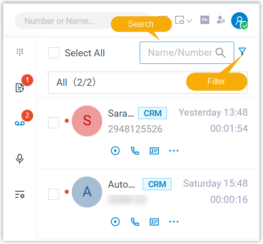Search and filter controls above the voicemail list