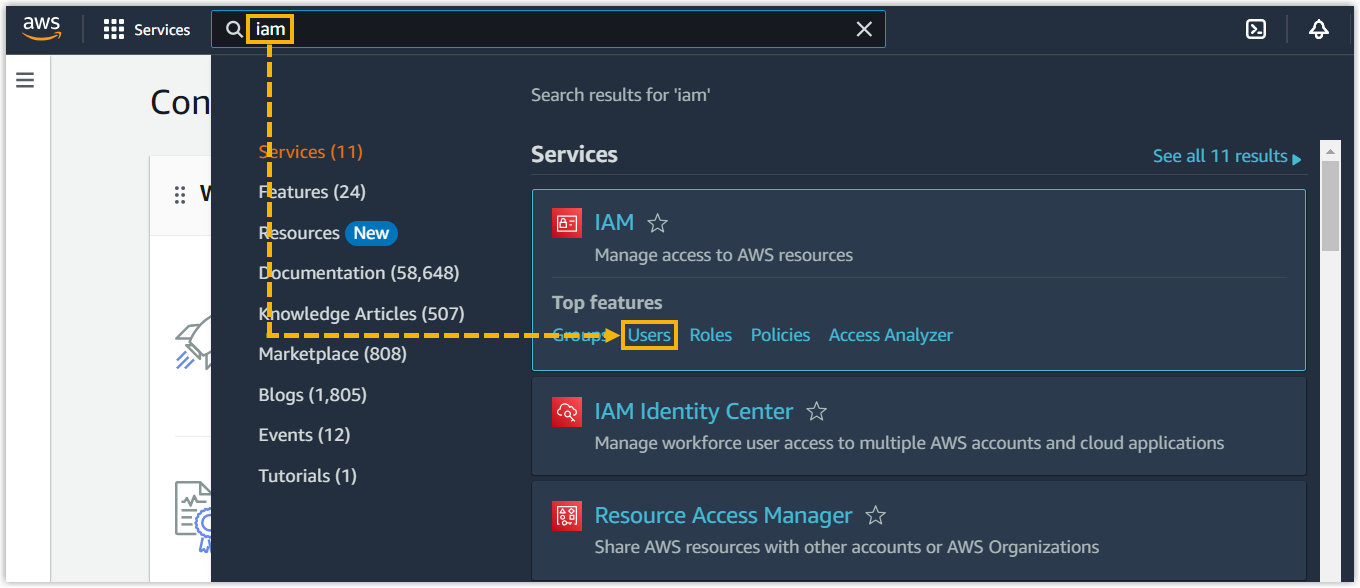 The AWS console search bar with the IAM service selected