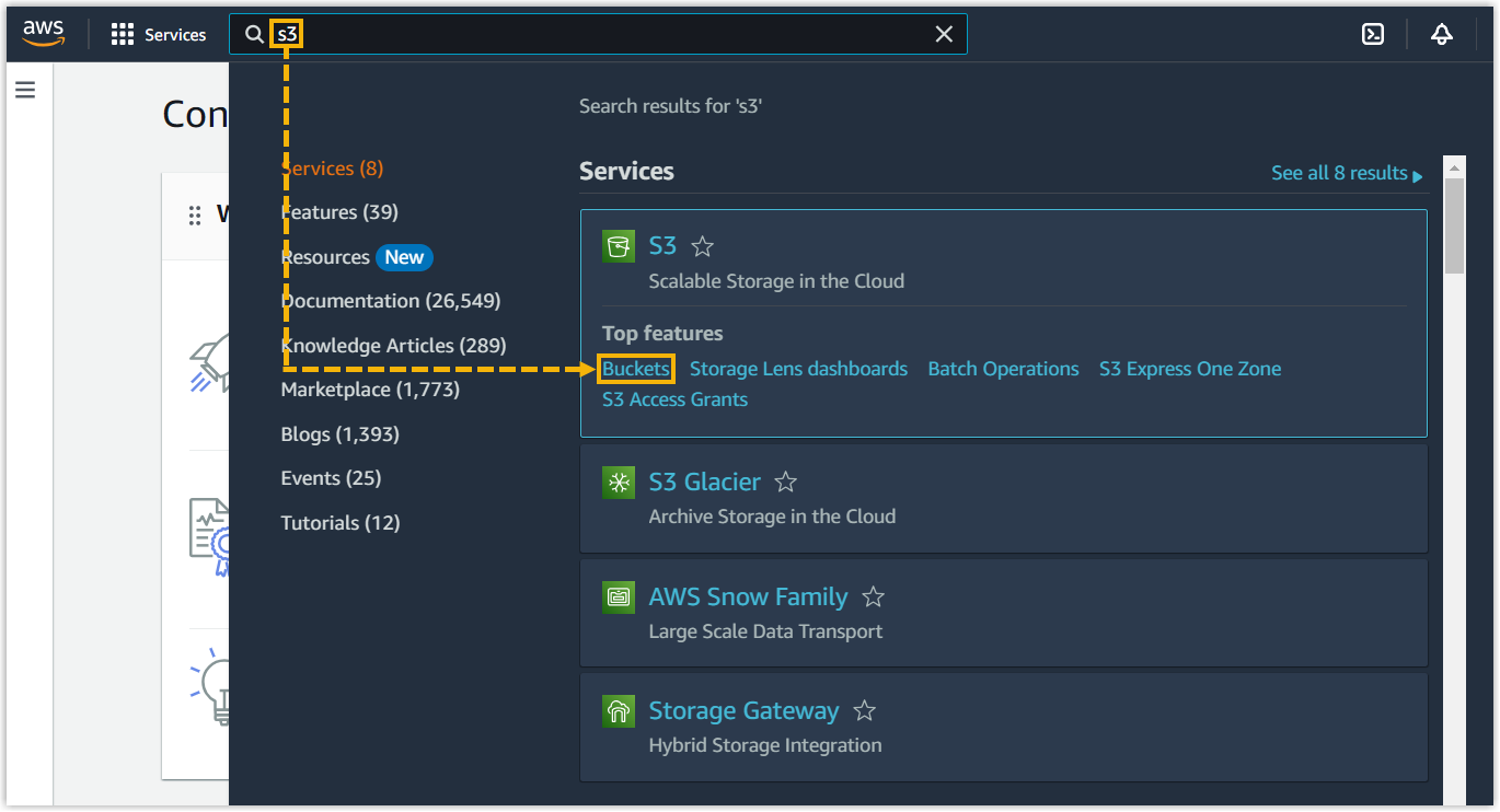 The AWS console search bar with the S3 service selected