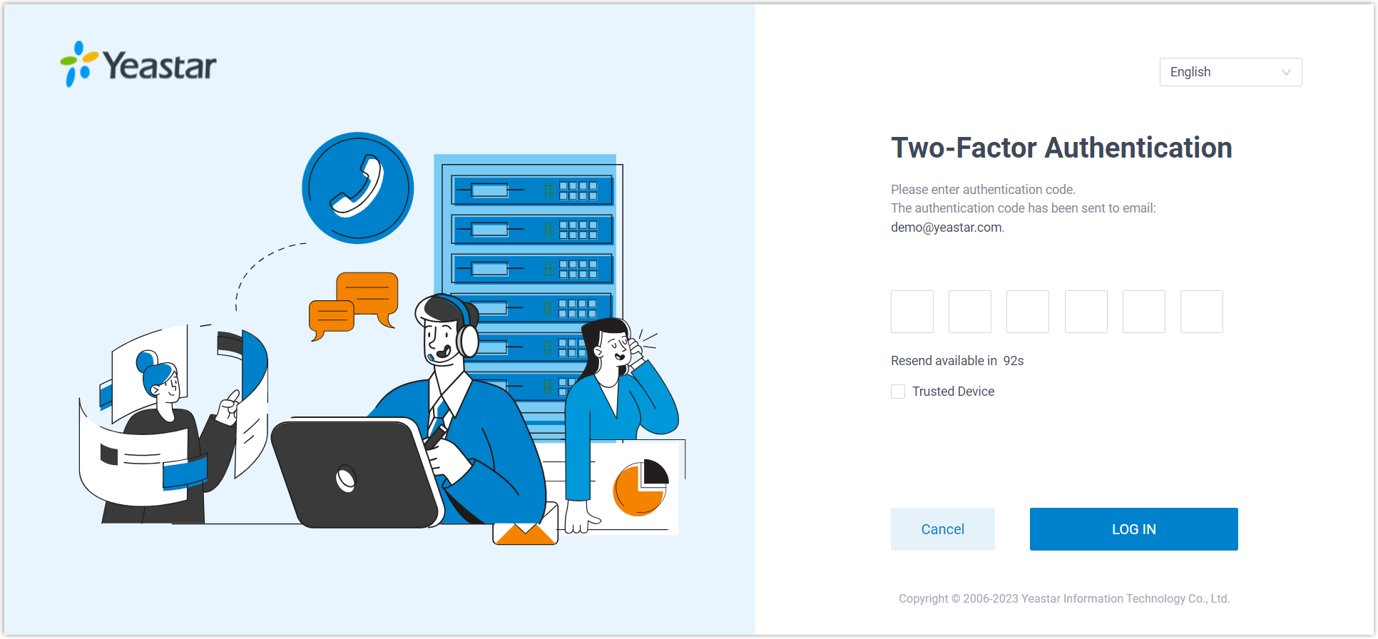 Cloud Voice, login prompt requesting a two-factor authentication code