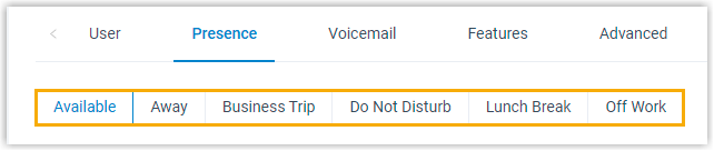 Presence status selector on an extension's configuration page