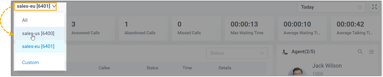 Queue drop-down list with a single queue selected
