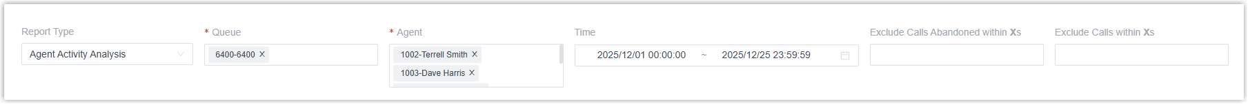 Filter options for the Agent Activity Analysis report