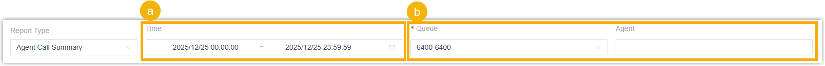 Filter panel for setting the time range, queue, and agent