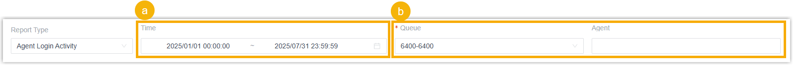 Filter controls for the Agent Login Activity report