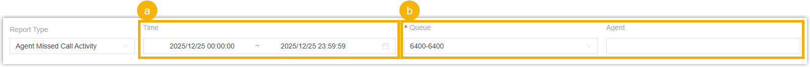 Filter controls above the Agent Missed Call Activity report
