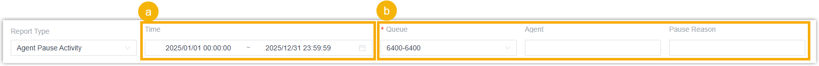 Filter controls above the Agent Pause Activity report