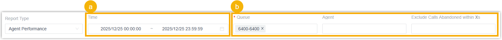Filter panel for setting the time range, queues, and agents