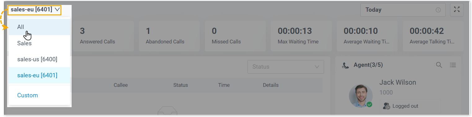 Queue drop-down list with All selected