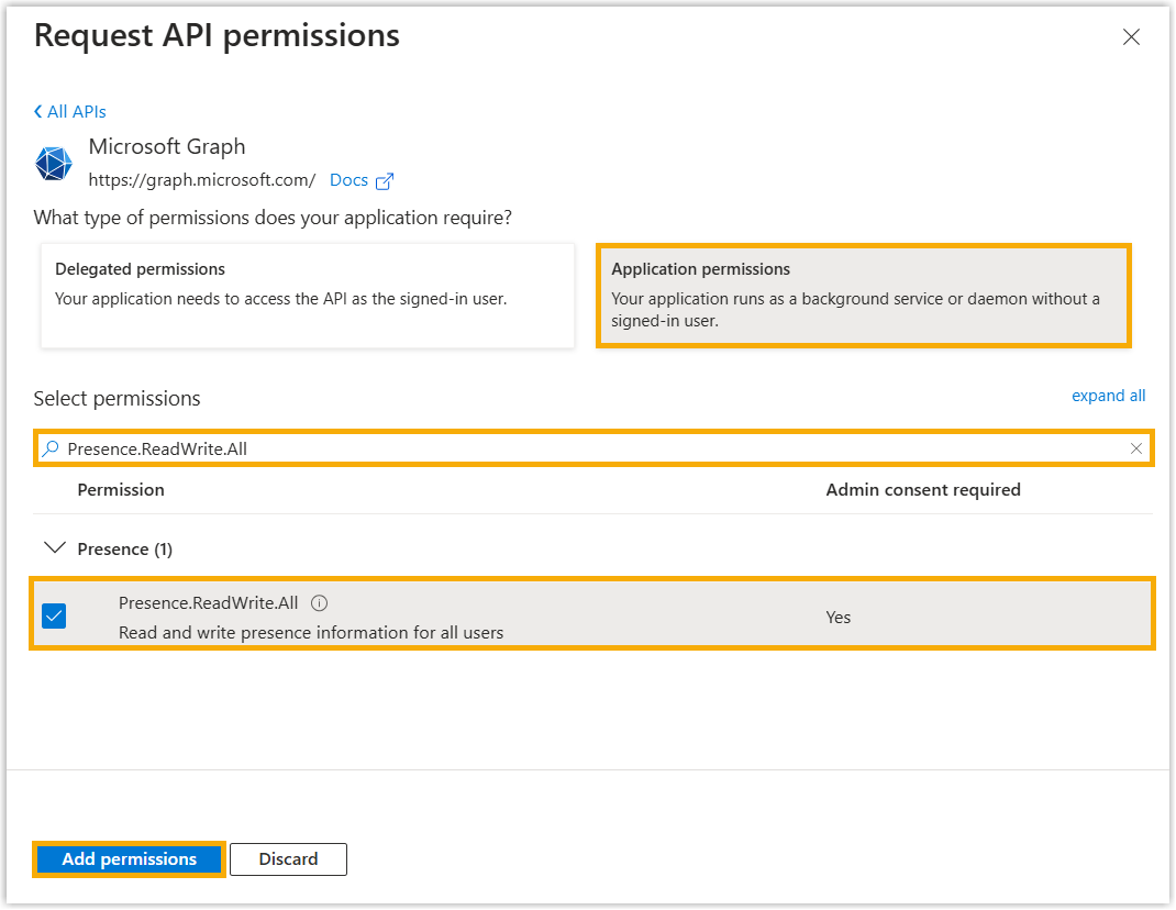 The application permissions list with Presence.ReadWrite.All selected