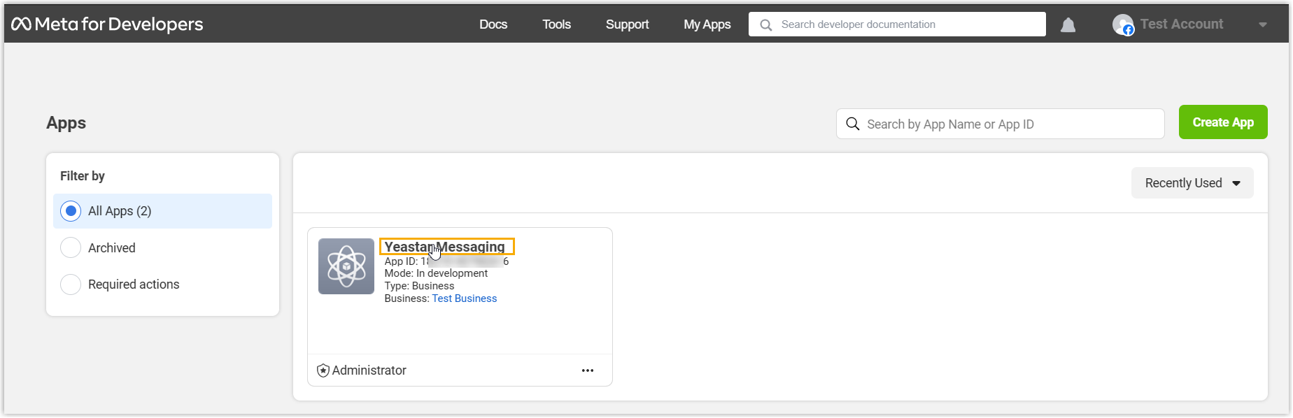 App list with the target app selected