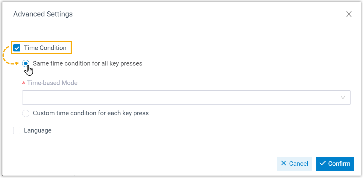 Time Condition enabled with the same-condition-for-all-keys option selected