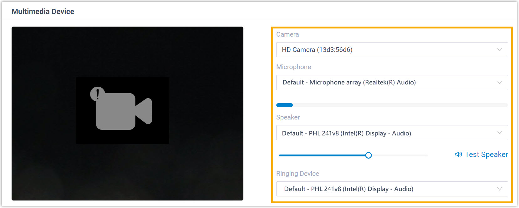 Audio and video device drop-down lists in the Multimedia Device section