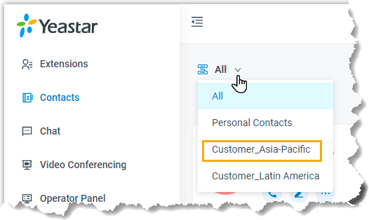 Cloud Voice, the phonebook drop-down list expanded in the top-left corner of the Contacts workspace