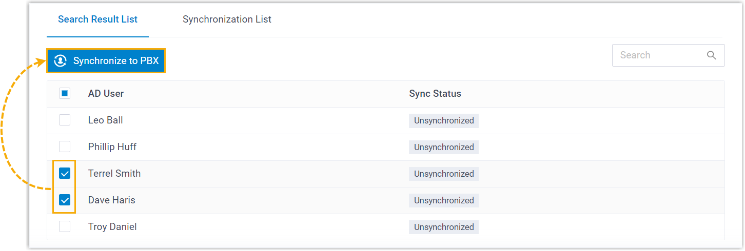 AD users selected for synchronization