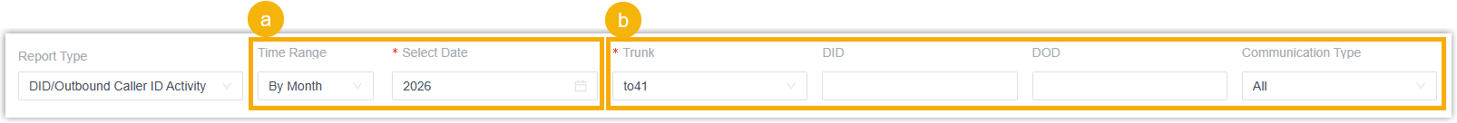 Filter panel for setting the time range and narrowing the report by number