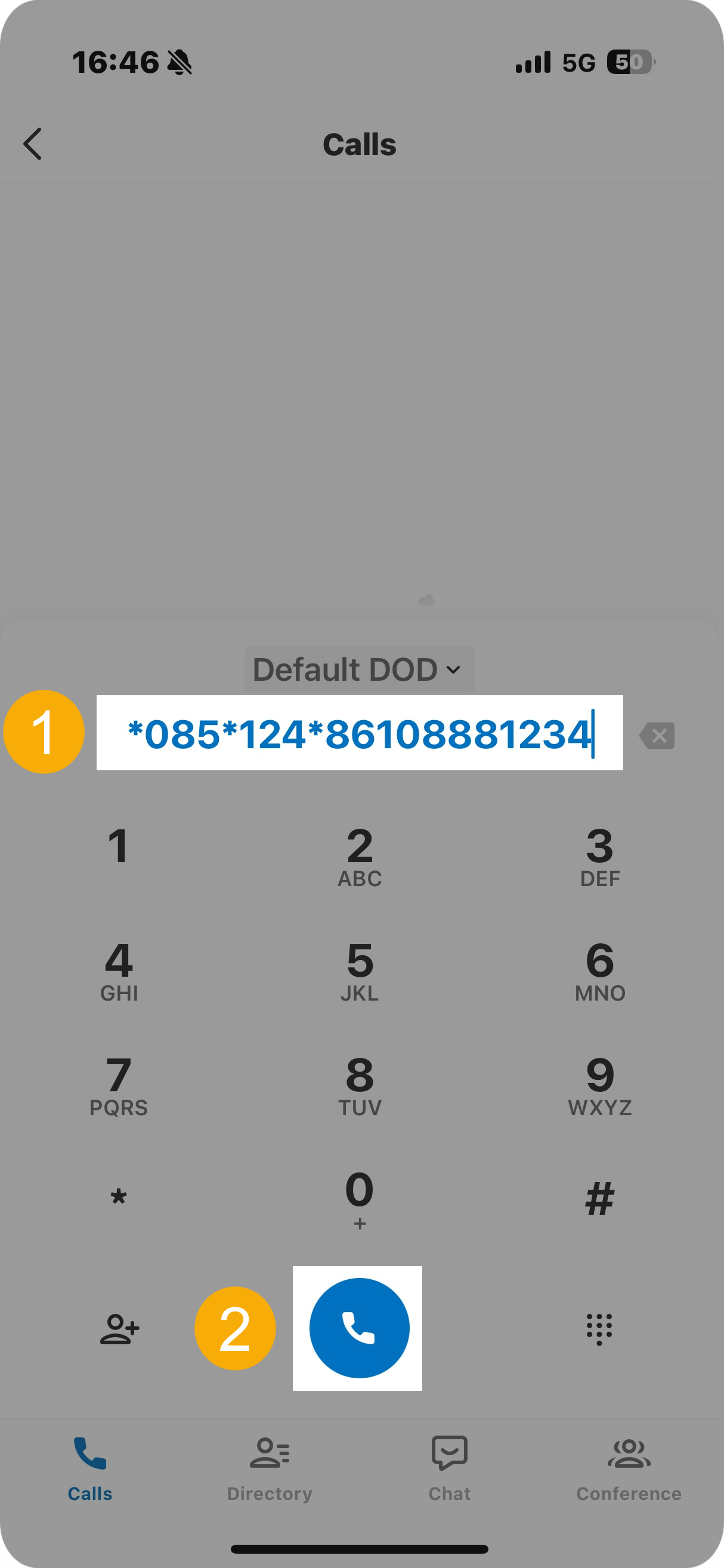 Dialpad with a combined DOD feature code and destination number entered
