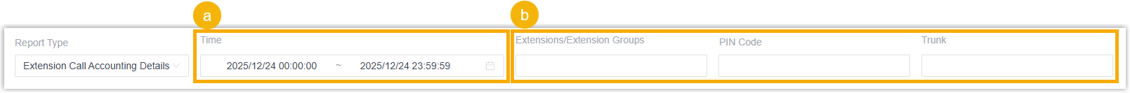 Filter options for the Extension Call Accounting Details report