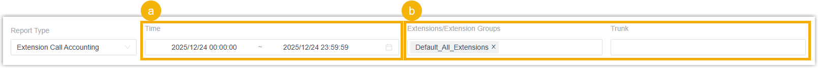 Filter panel for the Extension Call Accounting report