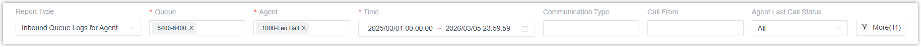 Filter options for the Inbound Queue Logs for Agent report
