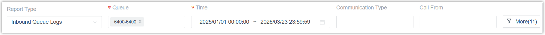 Filter options for the Inbound Queue Logs report